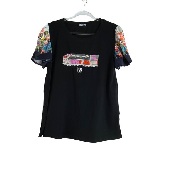 Riani Black T-Shirt Colorful‎ Floral Sleeves & Graphic Detail XL Festive Casual - Picture 1 of 7